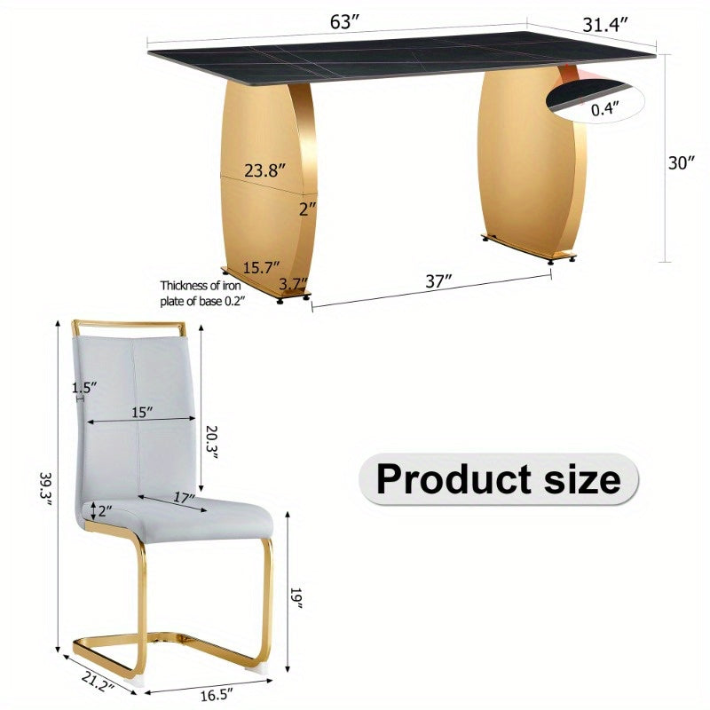 Table and chair set, Modern rectangular table with 0.4 inch black patterned tabletop and Golden legs, suitable for kitchen, dining room, and living room, Comfortable PU seats, perfect for dinner, meet