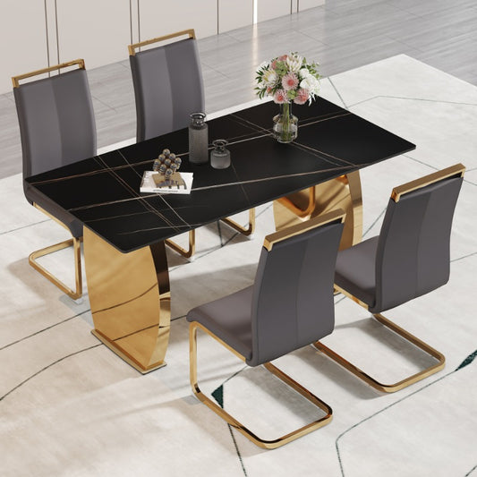 Table and chair set, Modern rectangular table with 0.4 inch black patterned tabletop and Golden legs, suitable for kitchen, dining room, and living room, Comfortable PU seats, perfect for dinner, meet