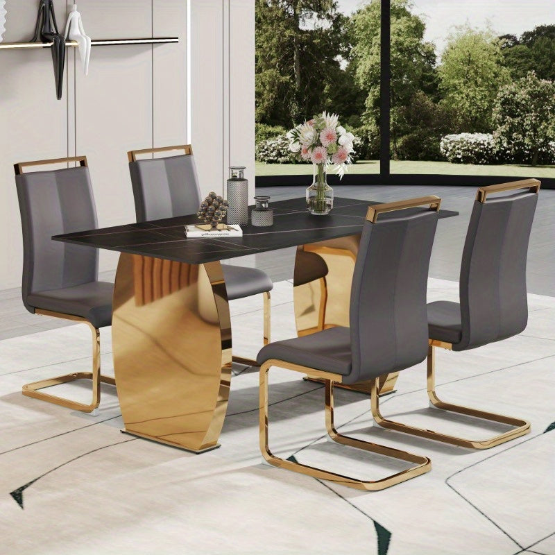 Table and chair set, Modern rectangular table with 0.4 inch black patterned tabletop and Golden legs, suitable for kitchen, dining room, and living room, Comfortable PU seats, perfect for dinner, meet