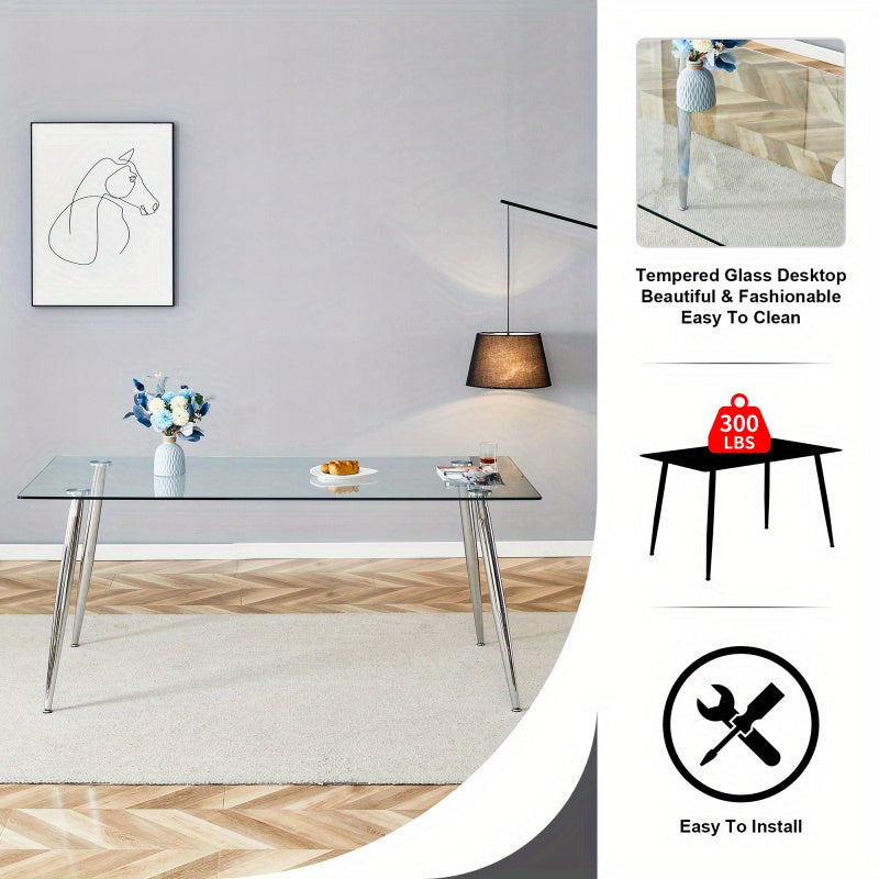 Table and chair set.Modern rectangular glass dining table with tempered glass countertop and silver metal legs, paired with multiple transparent high-quality PET dining chairs with silver legs.