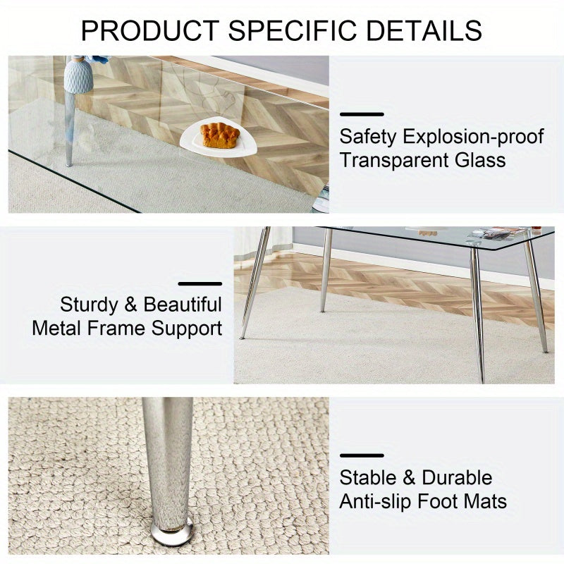 Table and chair set.Modern rectangular glass dining table with tempered glass countertop and silver metal legs, paired with multiple transparent high-quality PET dining chairs with silver legs.