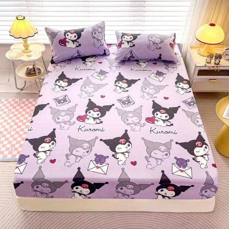 Sanrio Melody, for Cinnamoroll, for Kuromi, Bed Sheet, Mattress Protector, Cartoon Print, Polyester, Two-Piece Set