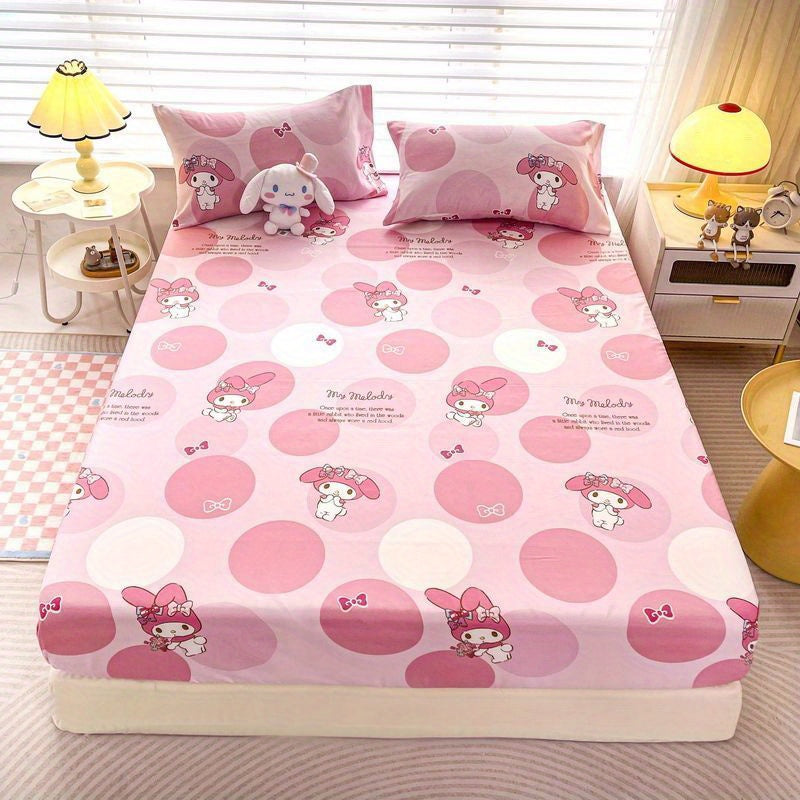 Sanrio Melody, for Cinnamoroll, for Kuromi, Bed Sheet, Mattress Protector, Cartoon Print, Polyester, Two-Piece Set