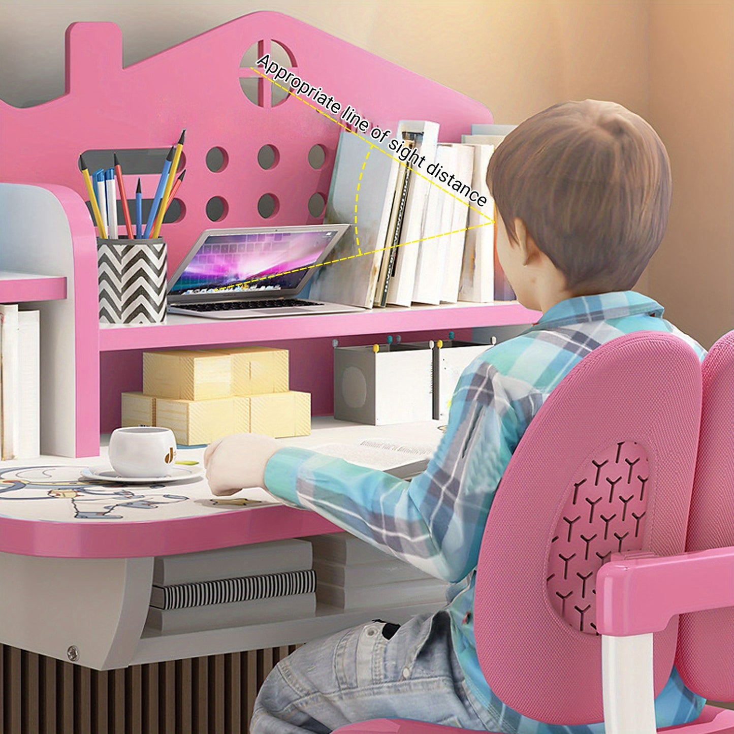 2 Piece Set 41.37*28.57*19.11 inch Multi Bookcase Wider Desktop Table and Chair Set Cartoon Pattern Children Adjustable Height Study Drawer Table with Chair Set