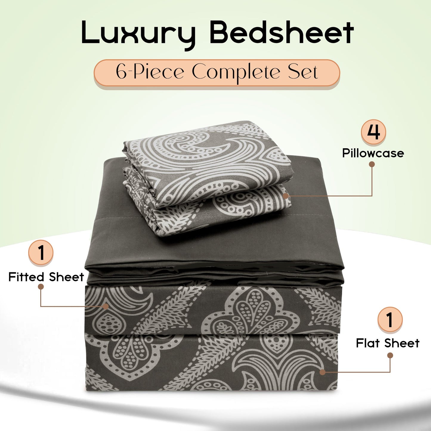 Lux Decor 6 Pieces Paisley Bed Sheet, Breathable Hotel Style Sheets, Microfiber Sheets Deep Pockets, Easy-Fit, Soft & Wrinkle Free Oeko-Tex Cooling Bed Sheets