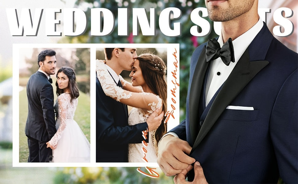 Formal 3 Pieces Set, Men's Peak Lapels Suit Jacket & Single Breasted Vest & Dress Pants Suit Set For Business Banquet Wedding Party