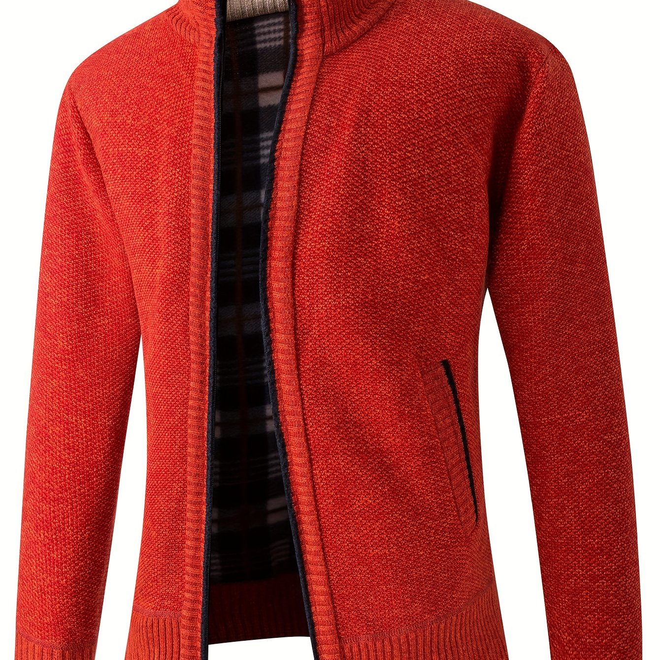 Warm Stand Collar Fleece Jacket, Men's Casual Comfortable Solid Color Zip Up Knitted Cardigan For Spring Fall