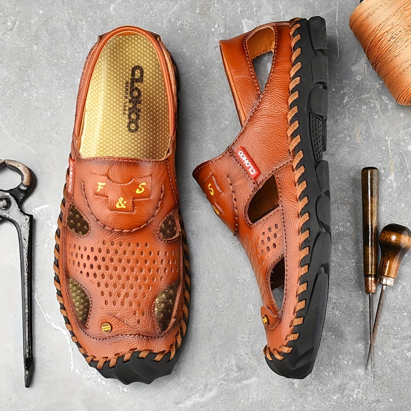 CLOHOO Mens Round Toe Sandals - Durable Handmade Stitching, Non-Slip Rubber Sole, Comfortable PU Insole, Breathable Fabric Lining, Second Layer Cowhide Upper, Slip-On Closure, Perfect for Indoor, Outdoor, Beach, Vacation, Spr