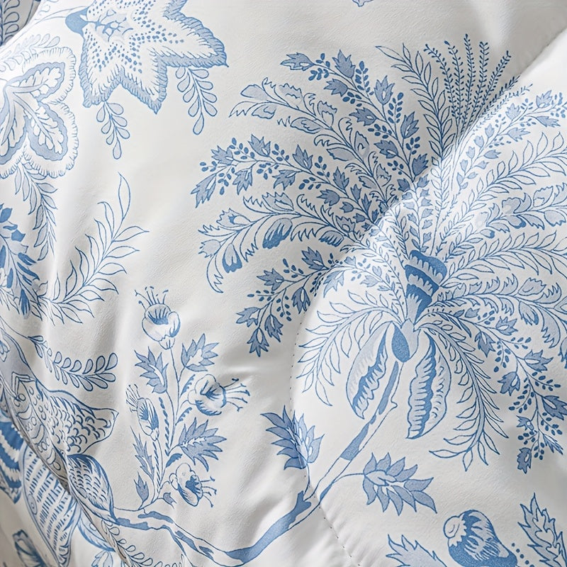 7pcs Blue Flower Plant Design Two-sidedlarge Sizeextra Large Quilt Set (1 Quilt +1 Bed Cap +1 Bed Sheet +4 Pillowcase Without Pillow Core), Contains Padding 180gsm Quilting Soft Ventilate The Four Seasons Apply Bedroom Dormit