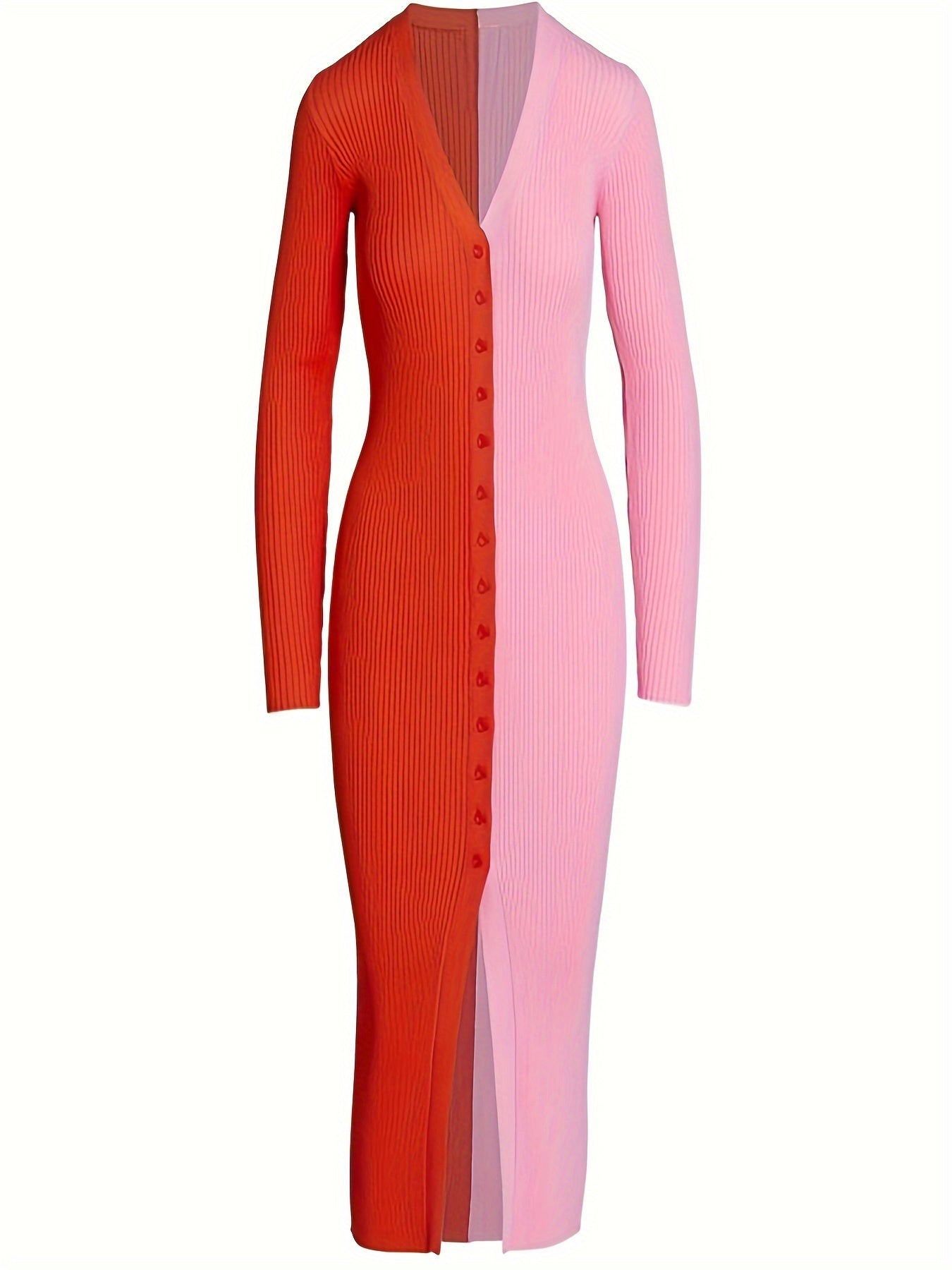 Fashion Women's Dress Women Bodycon Dress Color Block Patchwork Autumn Single Breasted V Neck Midi Dress for Wedding