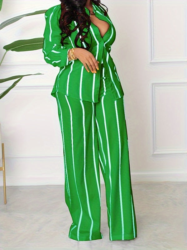 [Two-piece Set Long Sleeve Shirt] Striped Print Two-piece Set, Button Front Collar Long Sleeve Shirt & High Waist Wide Leg Loose Pants Set, Women's Clothing