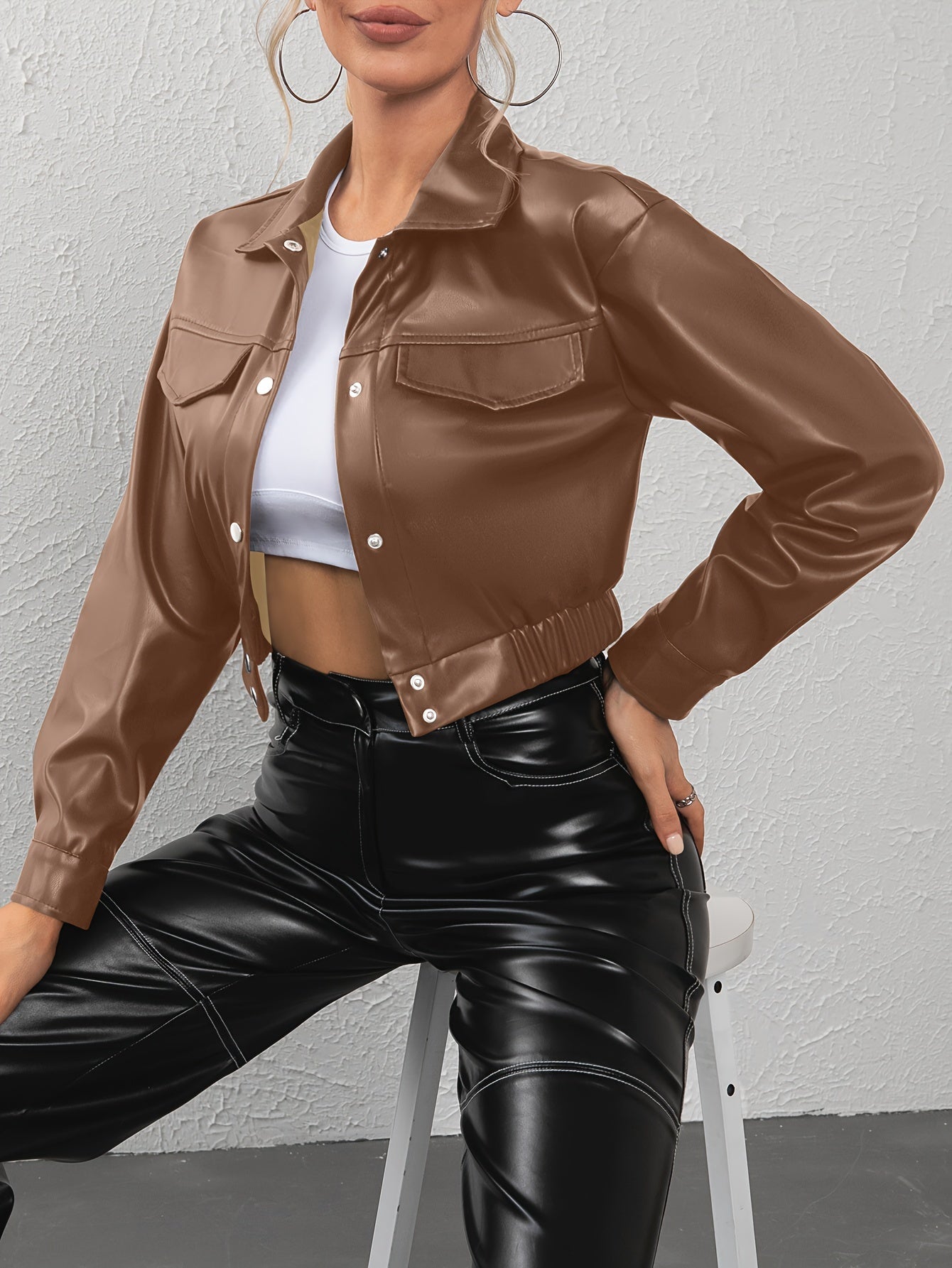 Chic Solid Faux Leather Cropped Jacket - Soft Touch, Turn Down Collar, Button Up, Long Sleeve - Perfect Casual Outerwear for Women