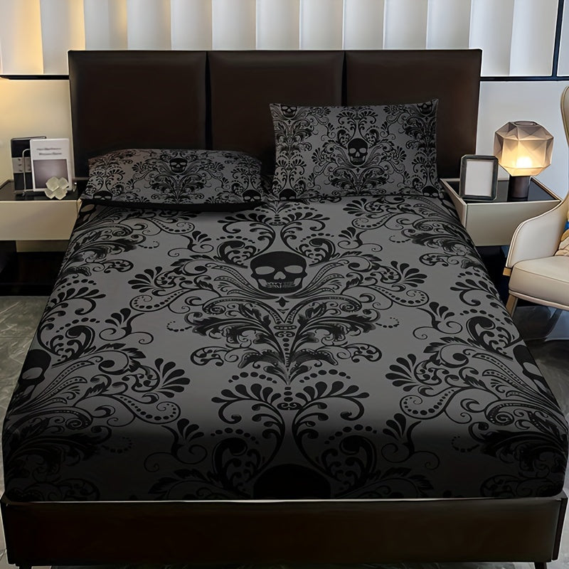 3PCS Bed Sheet Set (1 Bed Sheet + 2 Pillow Cases) - Home Dormitory High Definition Skull Black & Gray Floral Print