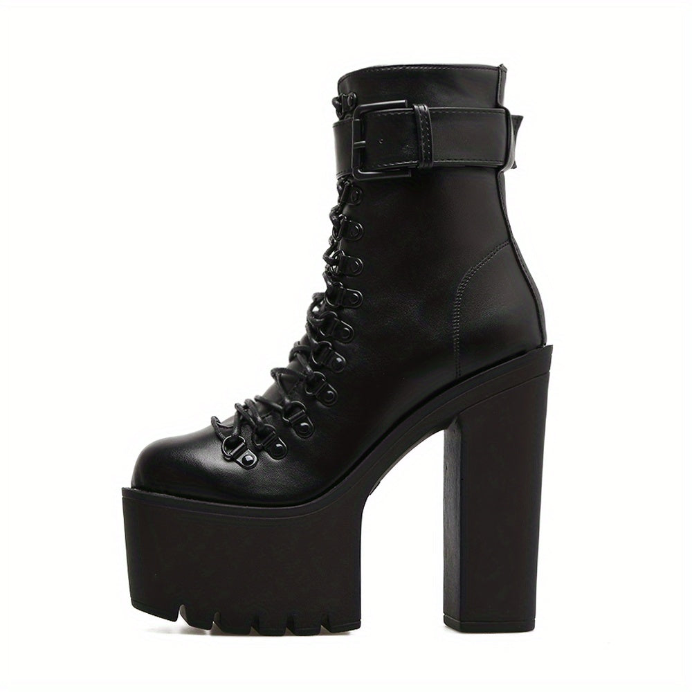 Women's Platform Chunky High Heel Ankle Boots, Black Buckle Strap Lace Up Side Zipper Motorcycle Boots, Punk Style Shoes