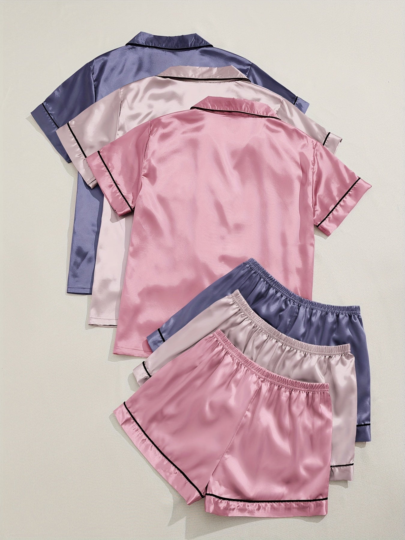 3 Sets of Luxurious Satin Pajama Sets - Soft Short Sleeve Lapel Tops, Elastic Waistband Shorts for Comfortable Women's Sleepwear and Loungewear - Perfect for Relaxation and Leisure Activities