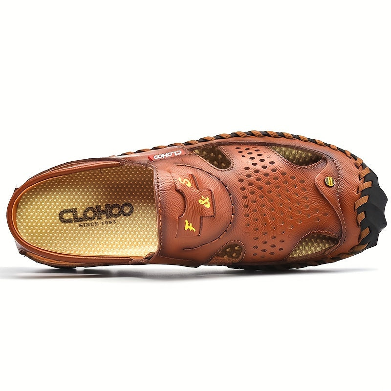 CLOHOO Mens Round Toe Sandals - Durable Handmade Stitching, Non-Slip Rubber Sole, Comfortable PU Insole, Breathable Fabric Lining, Second Layer Cowhide Upper, Slip-On Closure, Perfect for Indoor, Outdoor, Beach, Vacation, Spr