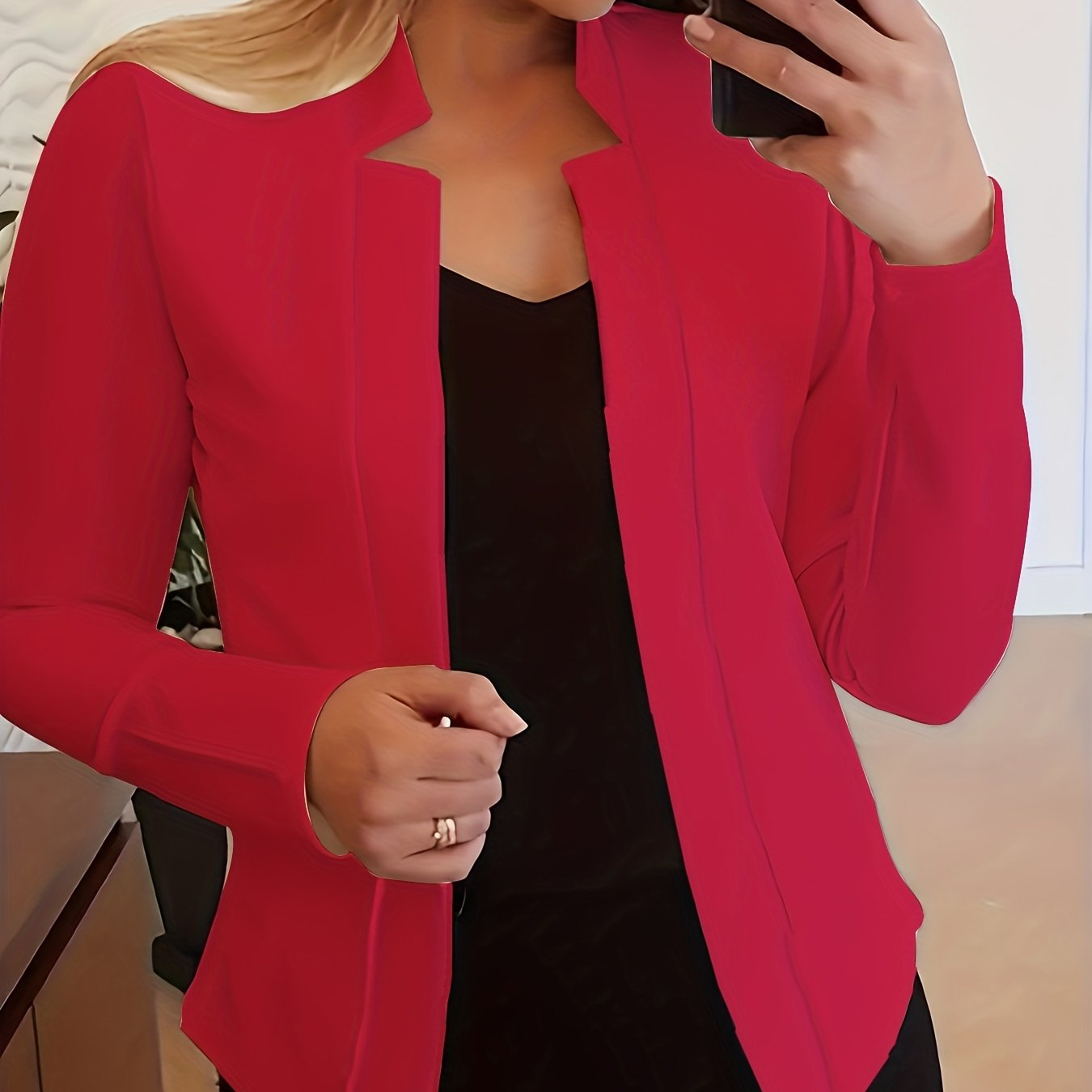 [Everyday Comfort] Women's Elegant Solid Color Polyester Blazer - 95% Polyester, 5% Spandex Knit Fabric, All-Season Stand Collar Jacket for Adults