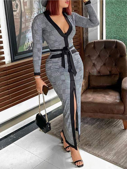 High Slit Plaid Long Sleeve Plunge Maxi Dress Women High Slit Plaid Long Sleeve Plunge Maxi Bodycon Dress Womens Party Dress