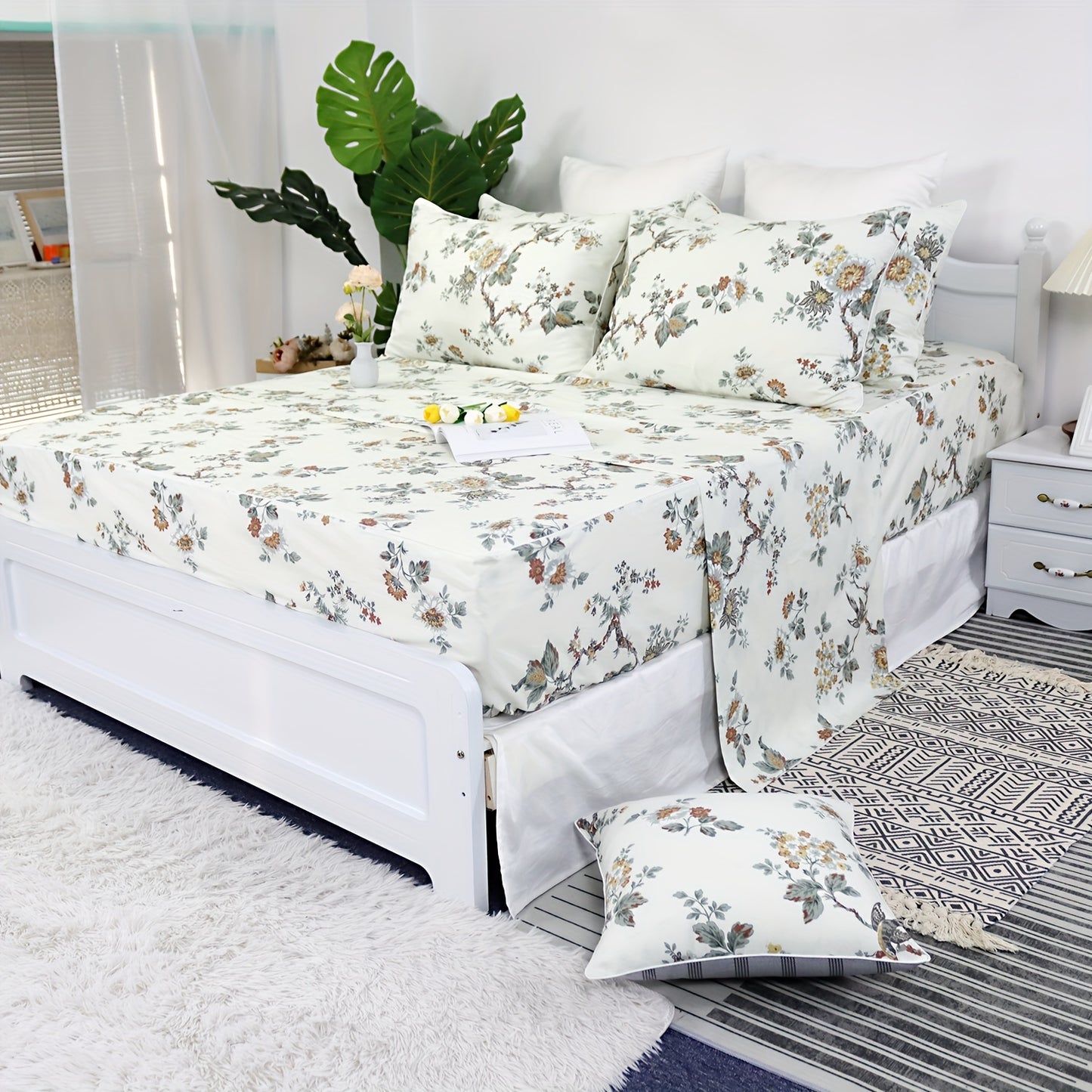 4Pcs Sheets Set Elegant Floral Bedding Shabby Beige Bird Print Flower Bed Sheet Set Vintage Farmhouse Bedding 100% Cotton Ultra Soft Girls Bedding with Deep Pocket Fitted Sheet