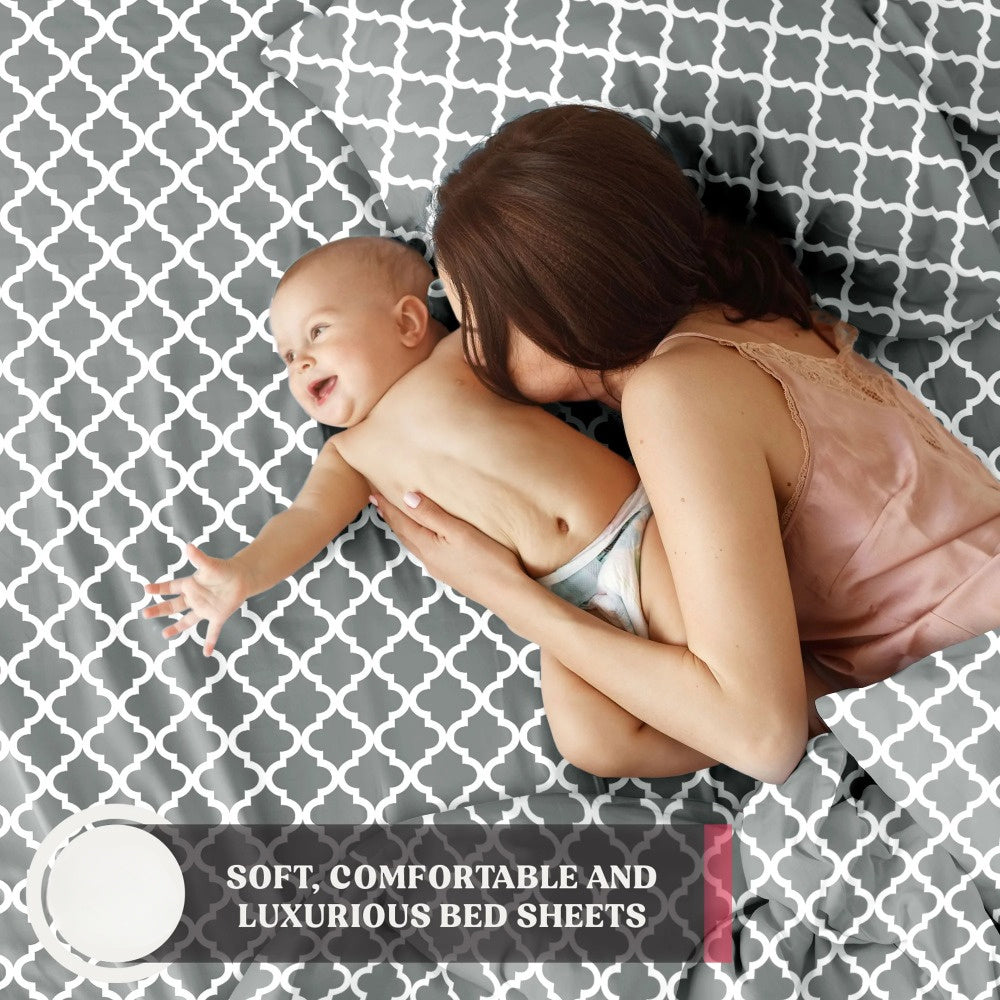 Luxurious Queen Size Bed Sheet Set - 4pcs Microfiber with Deep Pockets, Includes Flat Sheet & Pillowcases - Soft, Breathable Gray & White Striped Design for All Seasons