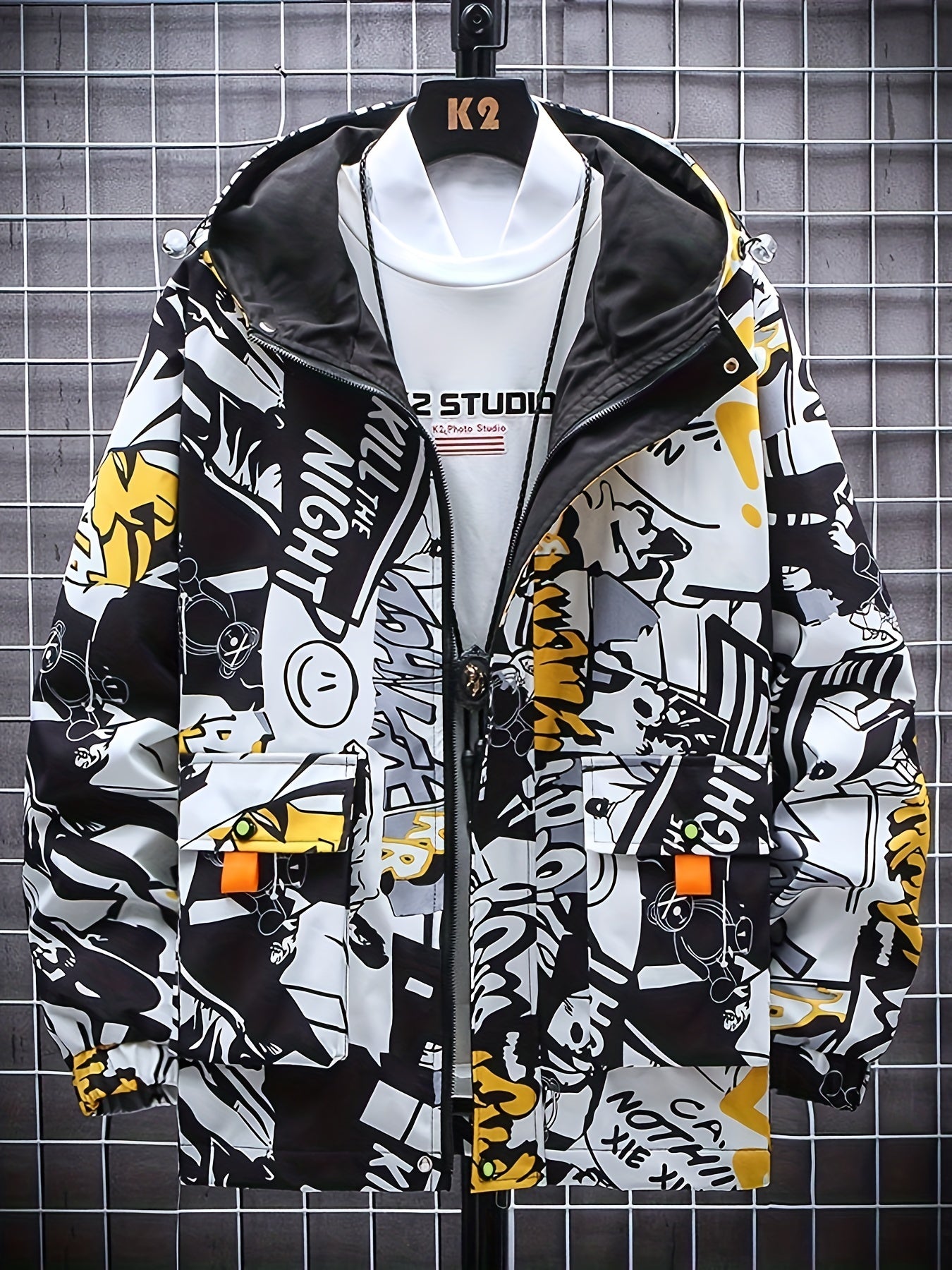 Spring And Autumn Men's Fashion Graffiti Mid Length Windbreaker Popular Hooded And Handsome Men's Jacket Popular Versatile Men's And Women's Same Windbreaker Jacket