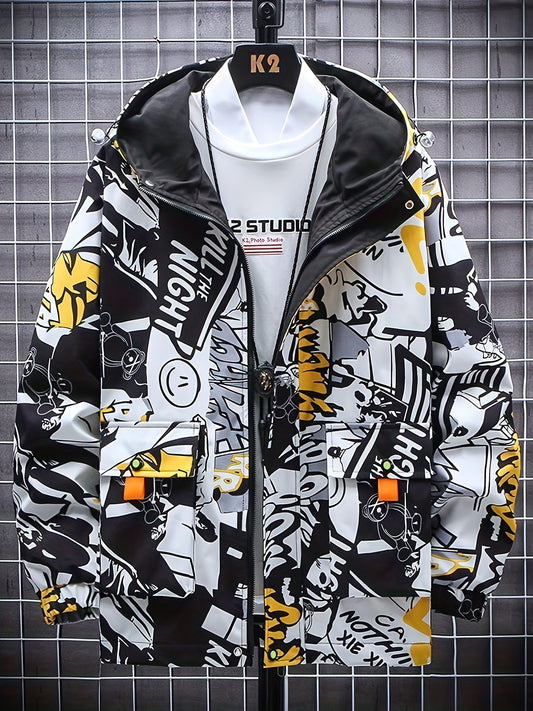 Spring And Autumn Men's Fashion Graffiti Mid Length Windbreaker Popular Hooded And Handsome Men's Jacket Popular Versatile Men's And Women's Same Windbreaker Jacket