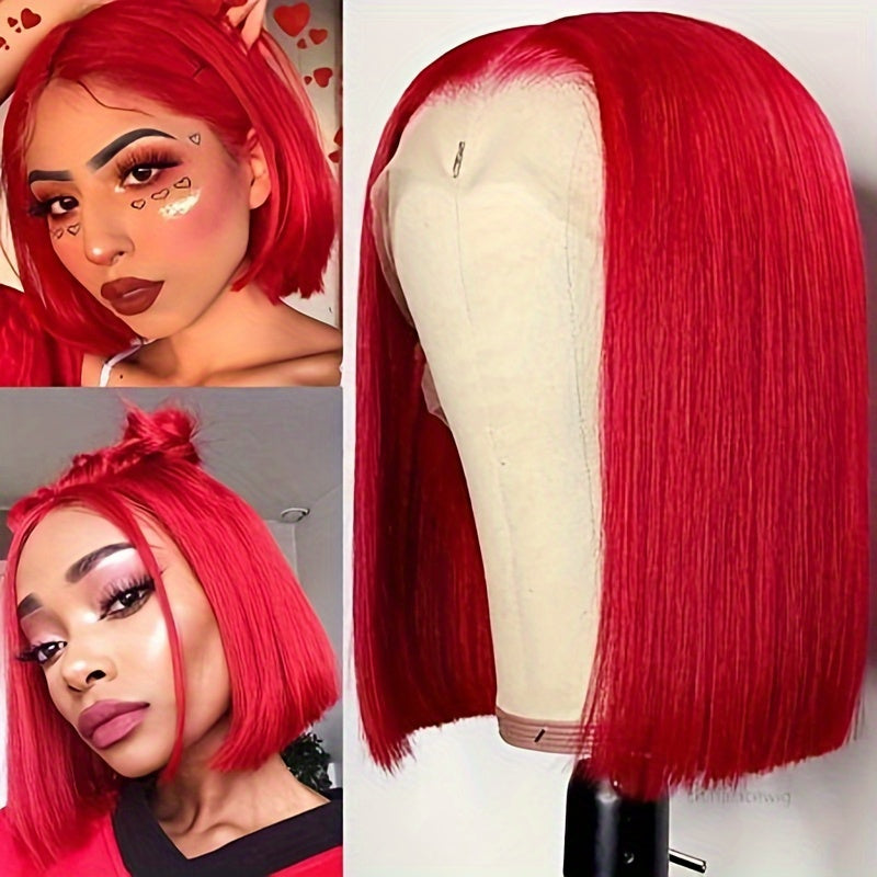 13*4 Red Straight Bob Wig - 180% Density Remy Human Hair Wig with Pre-Plucked Lace Front for Women and Girls