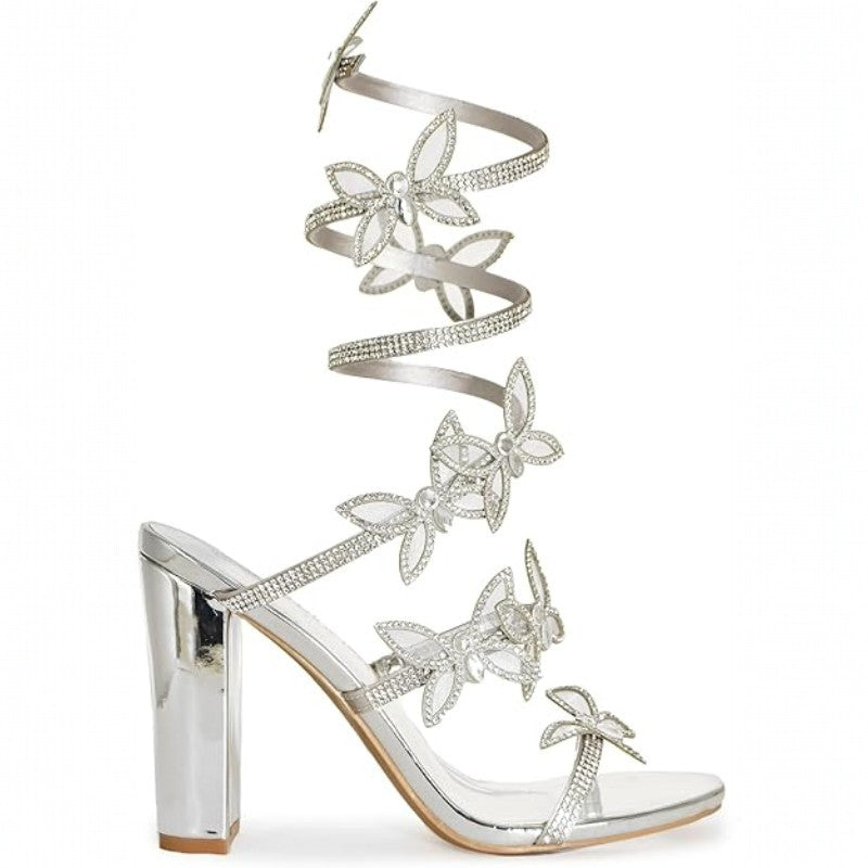 Women's Rhinestone Butterfly Spiral Coil Wrap Around Chunk High Heel Sandal