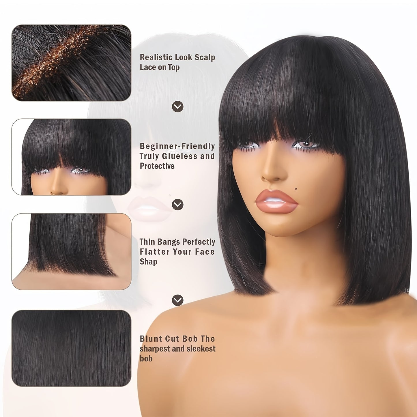 Women's Glueless Bob Wig with Bangs - Natural Black Human Hair, 150% Density (2x1 Ratio), Brazilian Hair, No Glue Needed, Adjustable Bangs & Pre-Plucked Front with Baby Hair, Everyday & Special Occasion Hairstyle - Suitable f