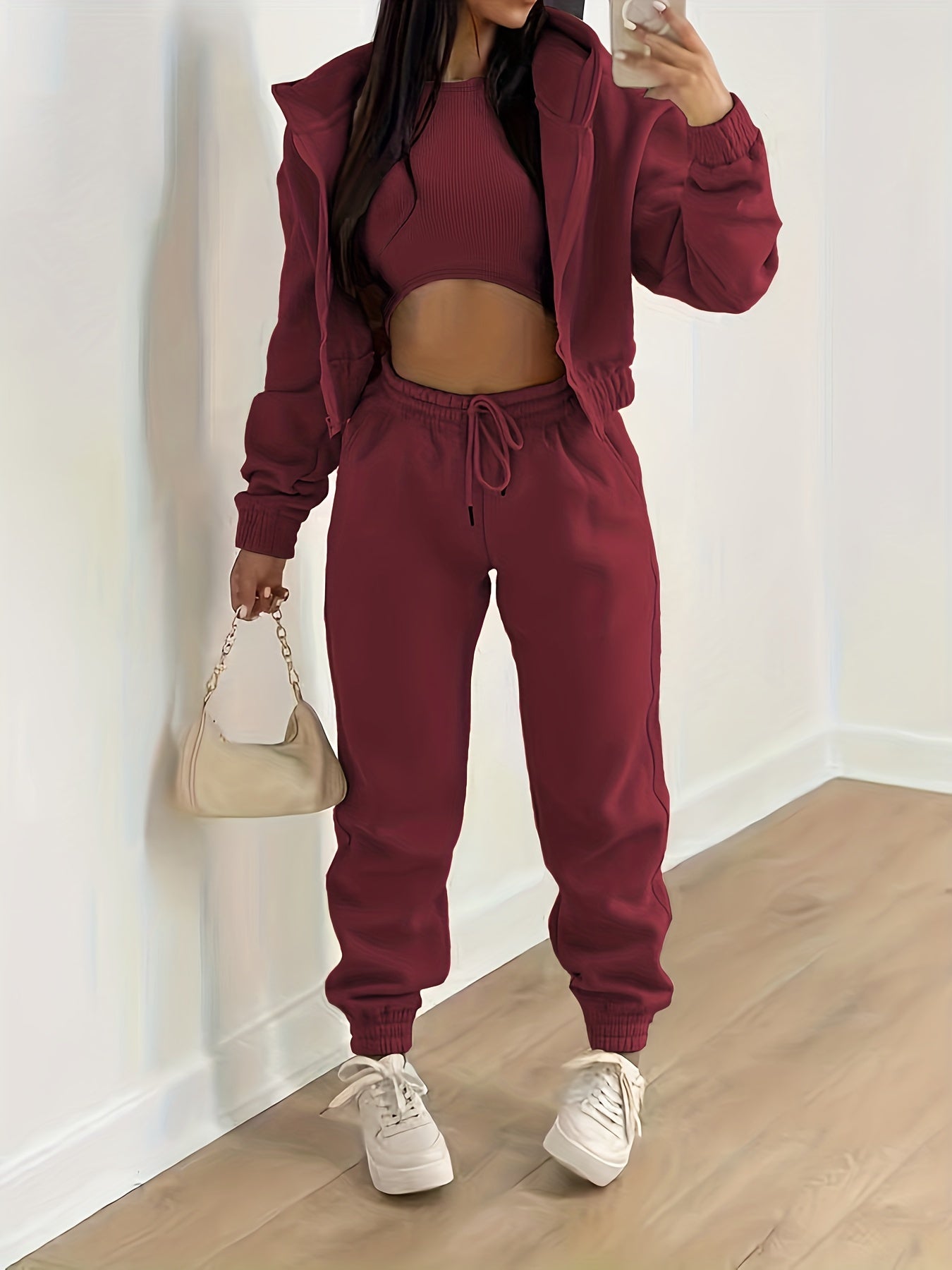 Three-Piece Casual Outfit Set - Zip-Up Hooded Jacket, Sleeveless Crew Neck Tank Top, and Drawstring Elastic Waist Jogger Pants - Comfortable, Versatile, and Stylish Women's Clothing for Everyday Wear