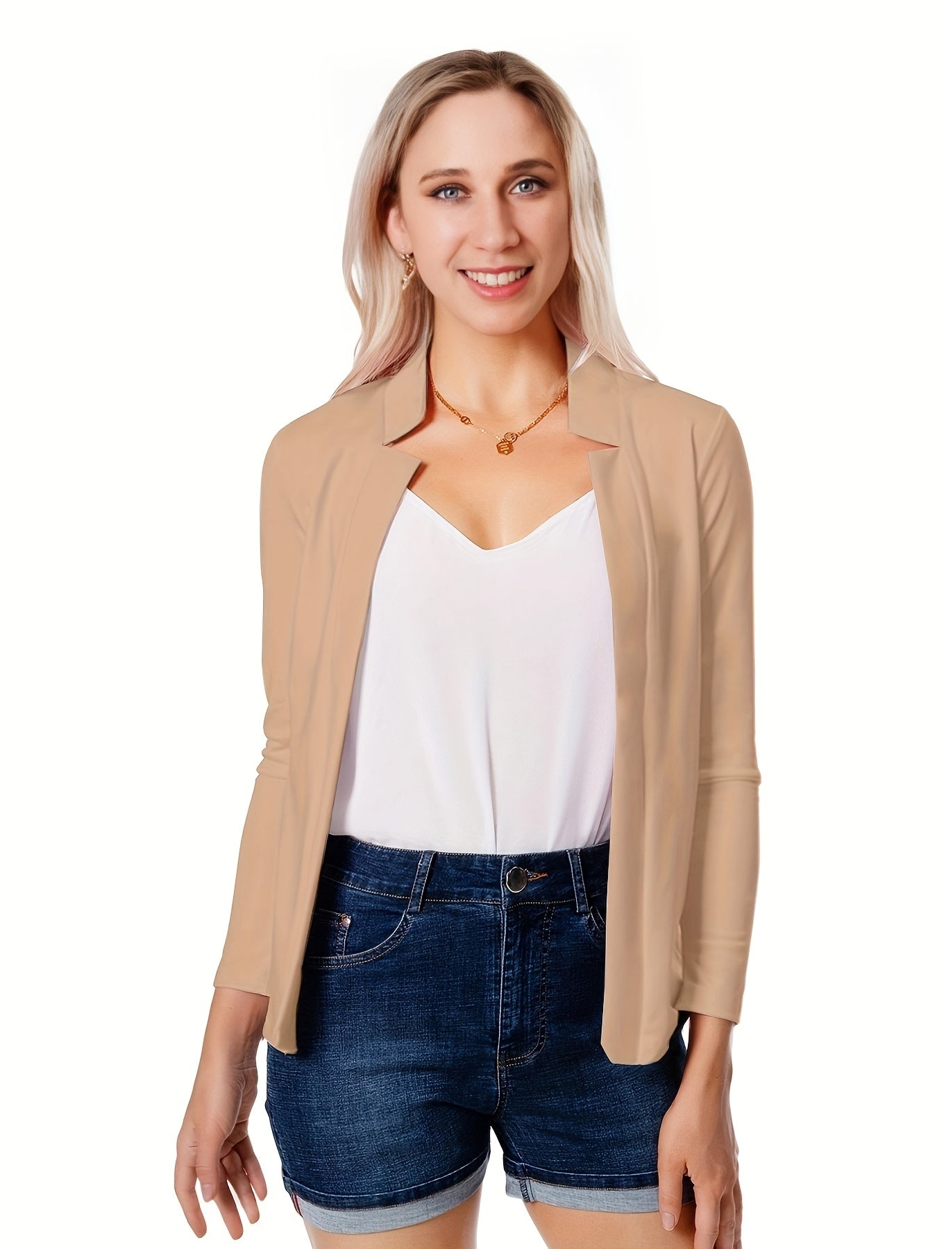 [Everyday Comfort] Women's Elegant Solid Color Polyester Blazer - 95% Polyester, 5% Spandex Knit Fabric, All-Season Stand Collar Jacket for Adults
