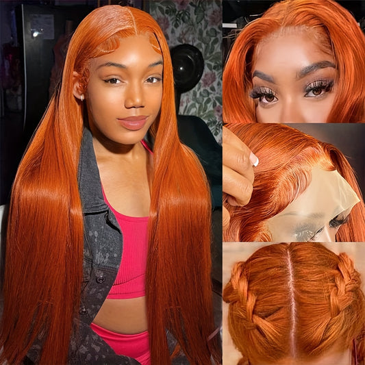 Ginger Orange Straight Wig Human Hair 13x4 Lace Front Wigs Human Hair 350# Color 180% Density HD Lace Front Wigs Straight Lace Front Wigs For Women Pre Plucked With Baby Hair