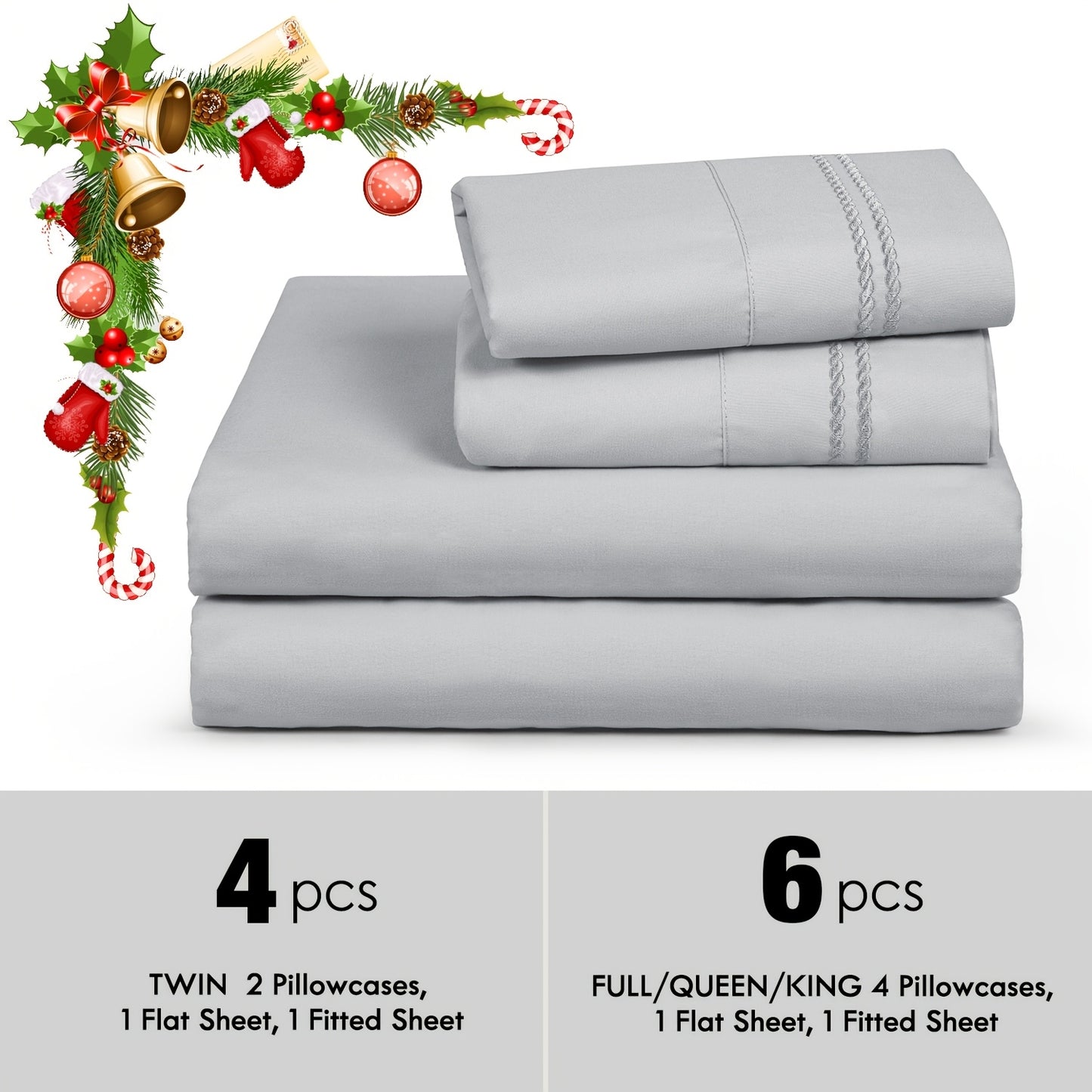 ClevaHome 6pcs Sheet Set Deep Pocket- Ultra Soft Machine Washable Luxury Bed Sheet Set - Shrinkage & Fade Resistant Embroidered Bedding Sheet, Christmas Bedding Supplies Replacement (4PCS for TWIN Size Sheet)
