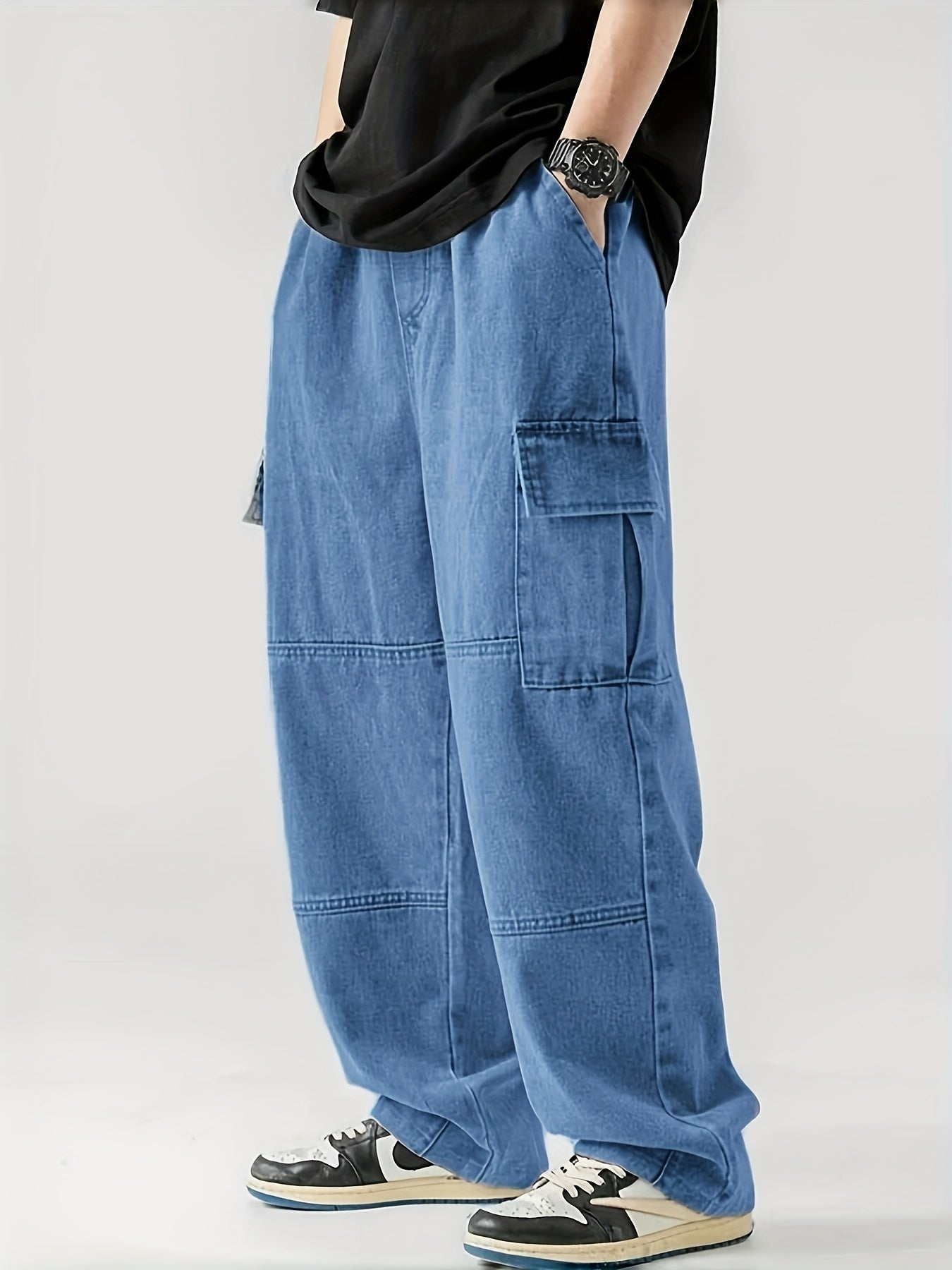 Cargo Jeans For Men Multi Pockets Elastic Waist Denim Casual Streetwear Comfort Pull On Jeans Menswear Pants Soft Denim