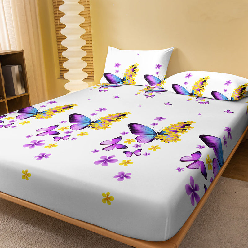 1pc Brushed Fitted Sheet, Soft Comfortable Butterfly Floral Print Bedding Fitted Sheet, For Bedroom, Guest Room, With Deep Pocket, Fitted Bed Sheet Only, Without Pillowcase