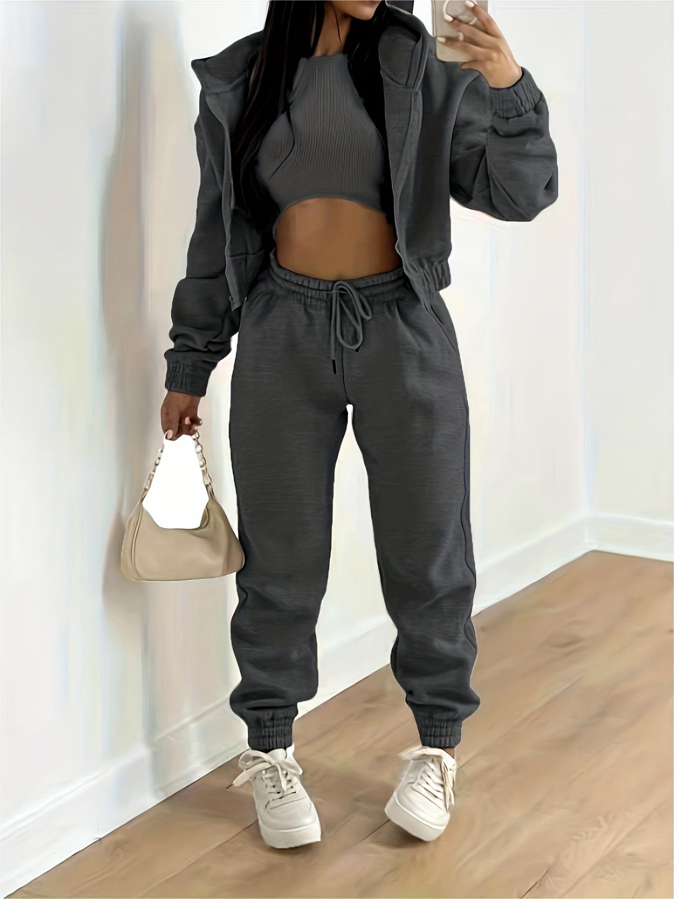 Three-Piece Casual Outfit Set - Zip-Up Hooded Jacket, Sleeveless Crew Neck Tank Top, and Drawstring Elastic Waist Jogger Pants - Comfortable, Versatile, and Stylish Women's Clothing for Everyday Wear