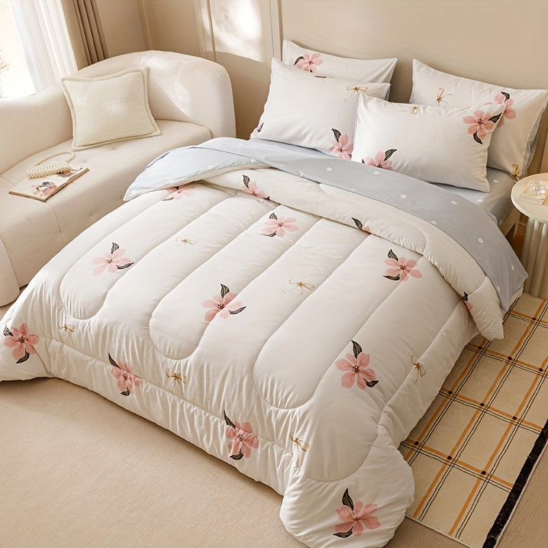 7pcs Fashion Quilt Set - Freshness Nature Rural Flowers, Soft Ventilate 180gsm Quilting, 1 Quilt + 1 Bed Cap + 1 Bed Sheet + 4 Pillowcases