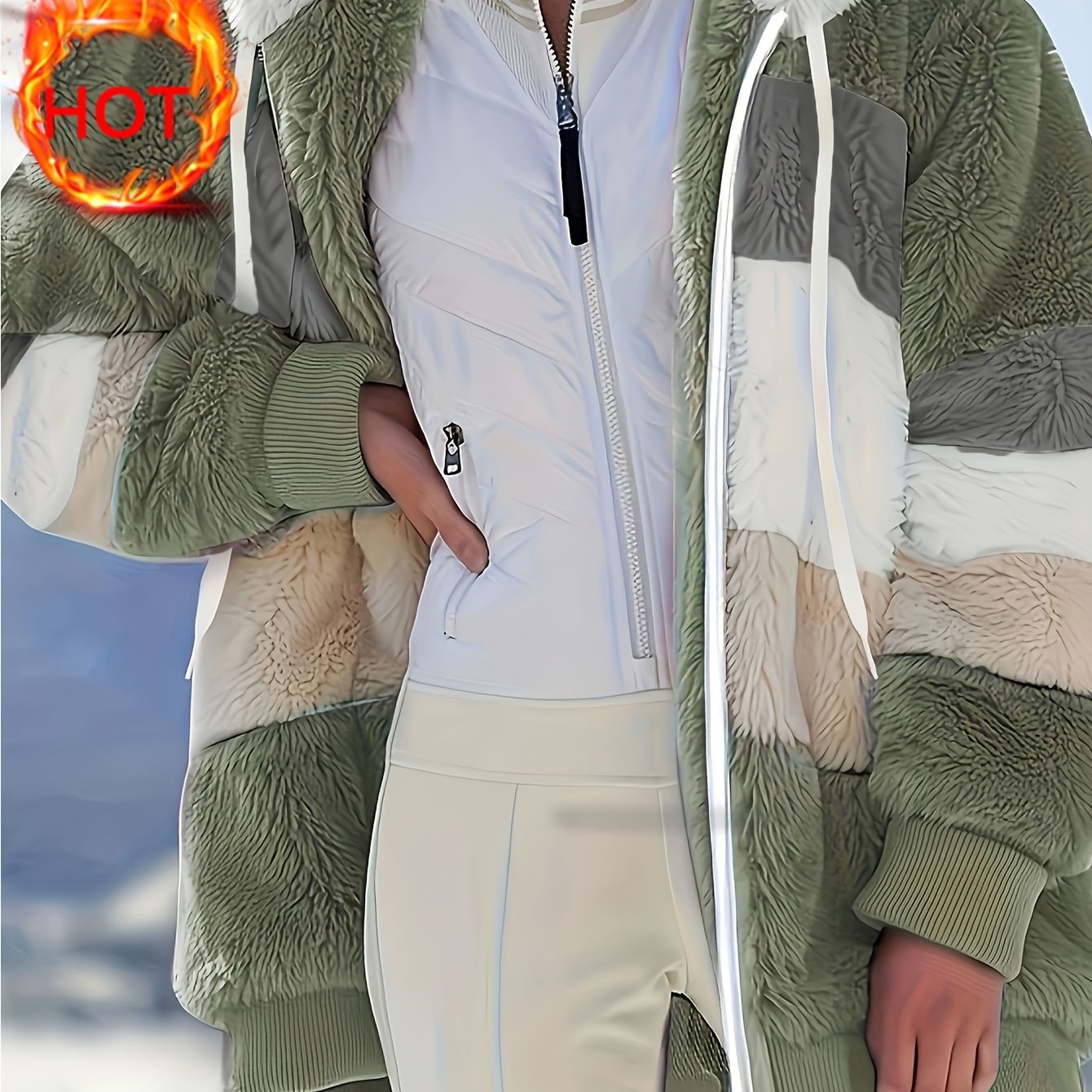 Women's Cozy Fur-Trimmed Hooded Jacket - Multicolor Striped, Loose Fit, Long Sleeve, Fall/Winter Fashion Outerwear with Pockets, Cozy Travel Jacket | Vacation Style Jacket | Plush Polyester