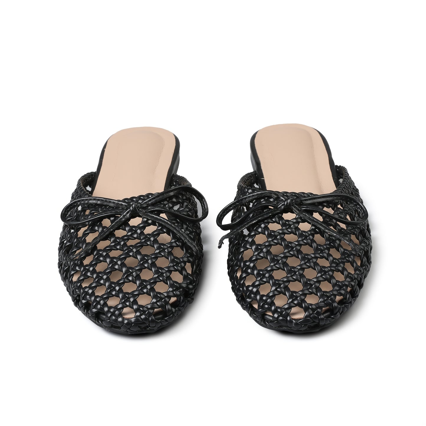 Trendy Womens Flat Sandals Round Toe Woven Design Decorative Bow Knot Slip On Flat Womens Muls for Party Work Office Outing Casual Sandal