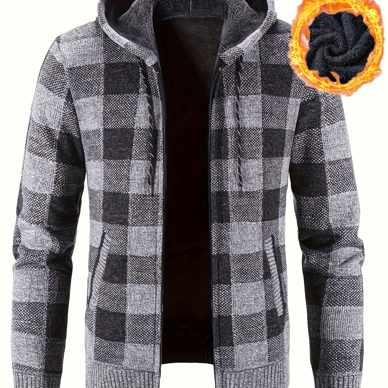 All Match Knitted Plaid Hooded Cardigan Jacket, Men's Casual Warm Slightly Stretch Zip Up Jacket Coat For Fall Winter