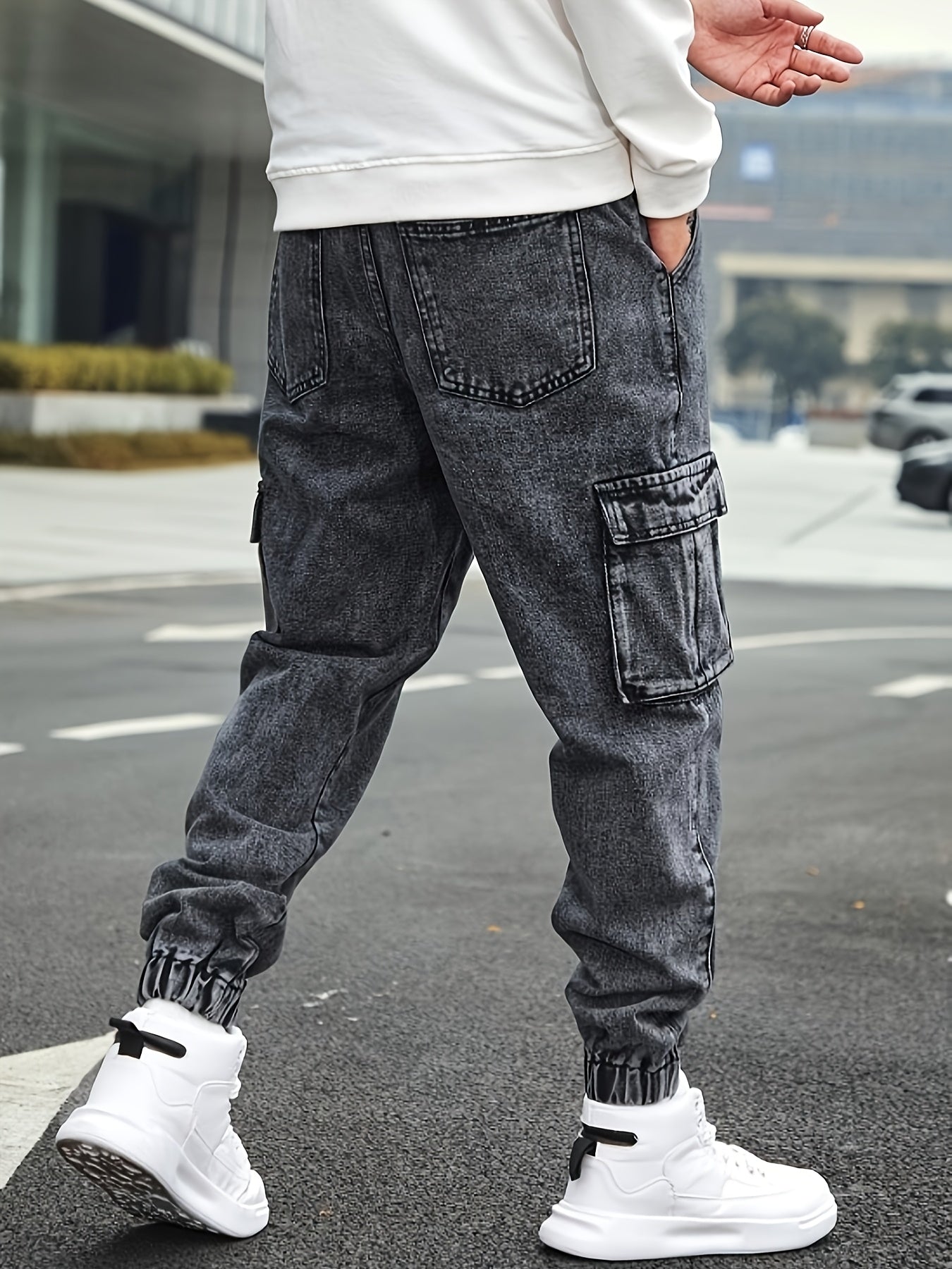 Cargo Jeans For Men Multi Pockets Elastic Waist Denim Casual Streetwear Comfort Pull On Jeans Menswear Pants Soft Denim