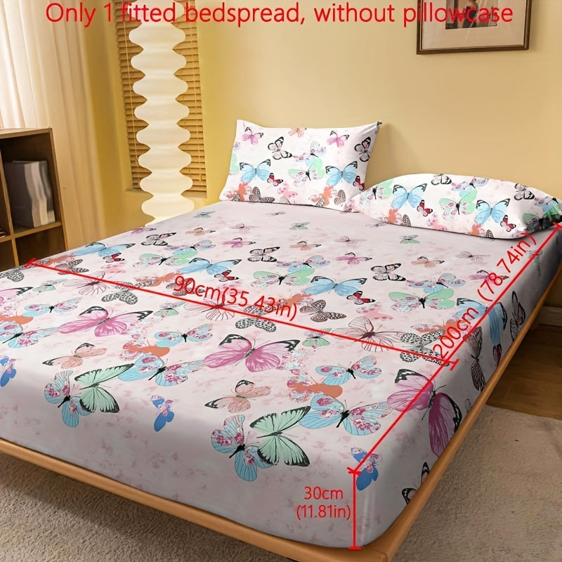 1pc Brushed Fitted Sheet, Soft Comfortable Butterfly Floral Print Bedding Fitted Sheet, For Bedroom, Guest Room, With Deep Pocket, Fitted Bed Sheet Only, Without Pillowcase