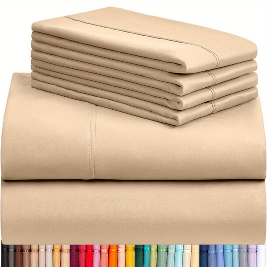 6pcs Cal King Bed Sheet Sets ( 1*Flat Sheet + 1*Fitted Sheet + 4*Pillowcase, Without Core), Deep Pockets, Wrinkle Free, Solid Color Bedding Set For Bedroom Guest Room Hotelf