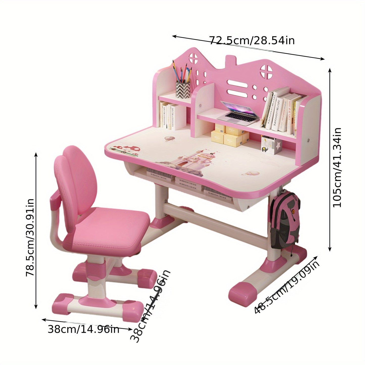 2 Piece Set 41.37*28.57*19.11 inch Multi Bookcase Wider Desktop Table and Chair Set Cartoon Pattern Children Adjustable Height Study Drawer Table with Chair Set