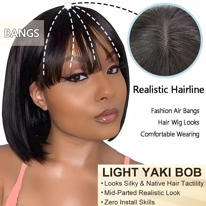 Women's Glueless Bob Wig with Bangs - Natural Black Human Hair, 150% Density (2x1 Ratio), Brazilian Hair, No Glue Needed, Adjustable Bangs & Pre-Plucked Front with Baby Hair, Everyday & Special Occasion Hairstyle - Suitable f