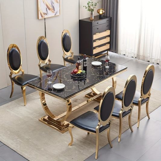7-piece Luxury Dining Table And Chair Set, 70-inch Faux Marble Table With 6 Leather Chairs | Modern Dining Table Set For Kitchen, Restaurant And Hotel