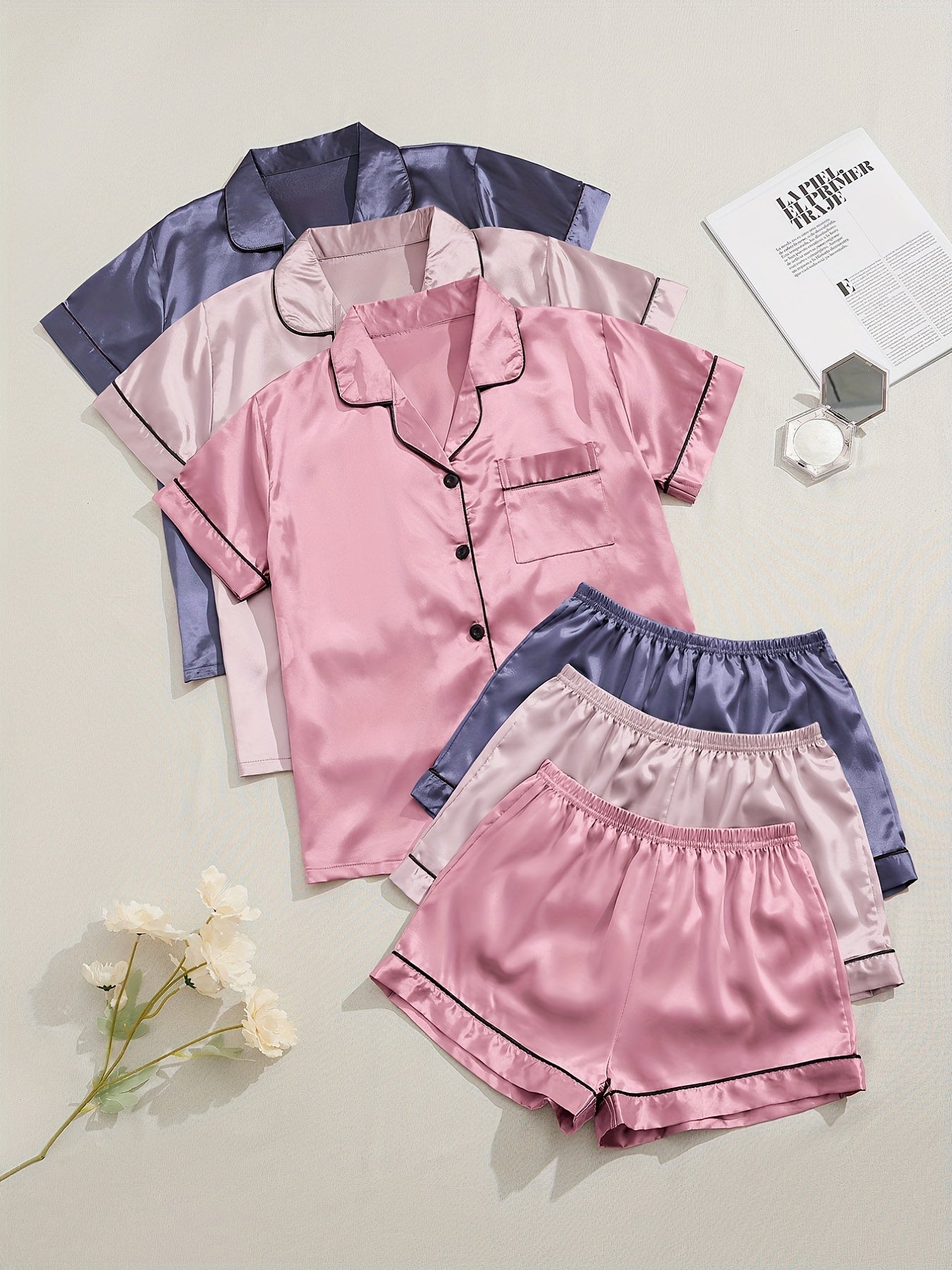 3 Sets of Luxurious Satin Pajama Sets - Soft Short Sleeve Lapel Tops, Elastic Waistband Shorts for Comfortable Women's Sleepwear and Loungewear - Perfect for Relaxation and Leisure Activities
