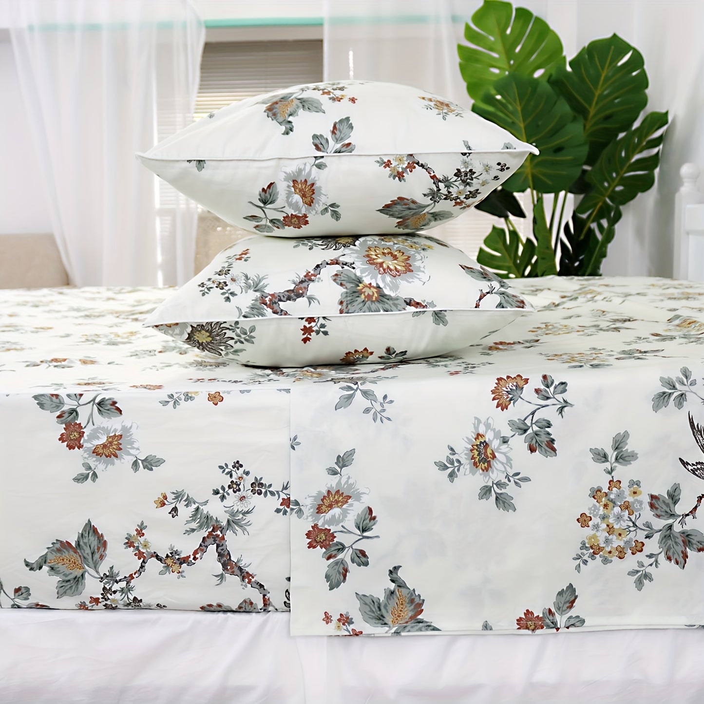 4Pcs Sheets Set Elegant Floral Bedding Shabby Beige Bird Print Flower Bed Sheet Set Vintage Farmhouse Bedding 100% Cotton Ultra Soft Girls Bedding with Deep Pocket Fitted Sheet