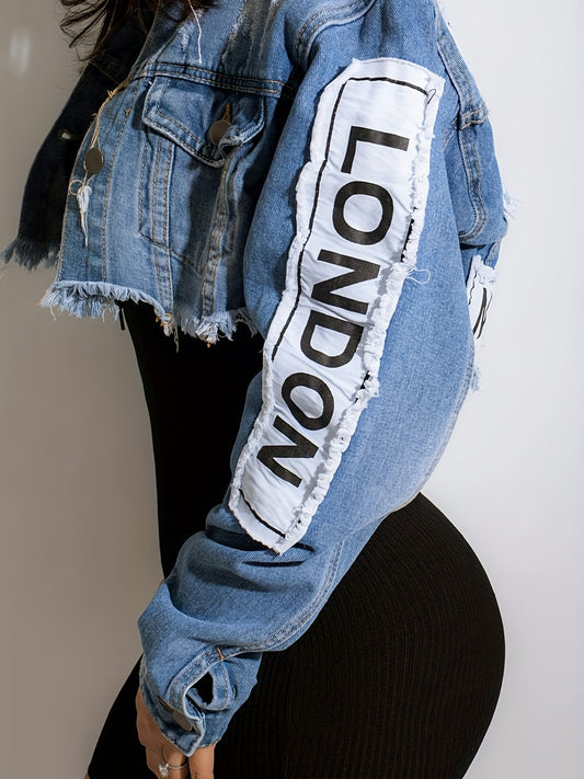 Vibrant Blue Alphabet Print Cropped Denim Jacket - Long Sleeves, Raw Hem, Lapel Collar, Non-Stretch, Woven, Casual Coat for Spring/Summer - Womens Personality Denim Clothing