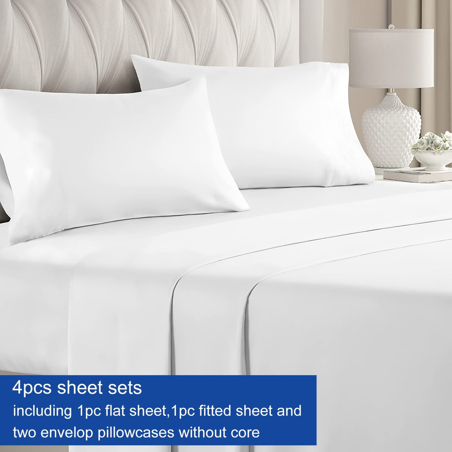 Luxury 4-Piece Bed Sheet Set with Deep Pockets - 100% Polyester Solid Color, Includes 1 Flat Sheet, 1 Fitted Sheet, and 2 Pillowcases - Machine Washable, Sanded Craftsmanship, All-Season Comfort